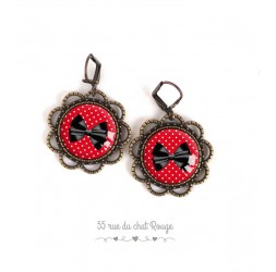 Ohrringe, runder, schwarzer Schmetterlingsknoten, rot mit kleinen weißen Punkten, Schmuck für Frauen Bronze