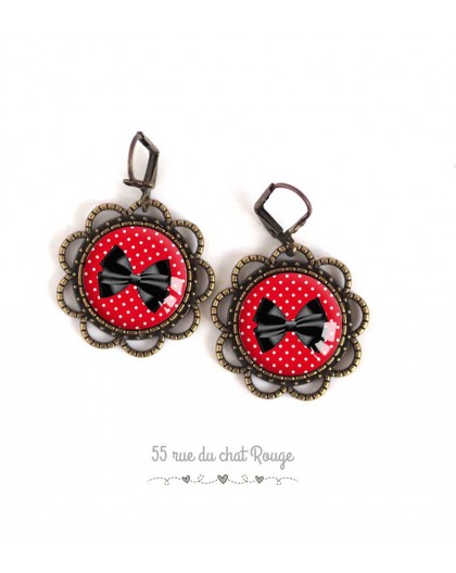Earrings, round, black butterfly knot, red with small white dots, jewelry for women bronze