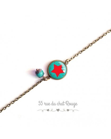 glass cabochon bracelet, Turquoise blue and orange suede leather, My little Fox