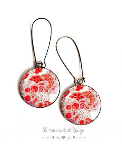 Earrings, Japanese flower, red and white, epoxy resin, bronze, woman's jewelry