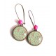 Earrings cabochon, small wild flowers, pastel green and fuchsia, bronze, woman's jewelry