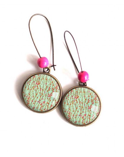 Earrings cabochon, small wild flowers, pastel green and fuchsia, bronze, woman's jewelry