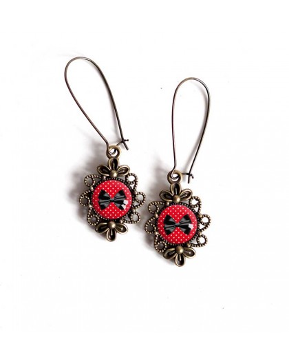Earrings, Bow Tie, black and red, retro, bronze, woman's jewelry