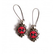 Boucles d'oreilles, Noeud papillon, noir et rouge, style rétro, bronze, bijoux pour femme