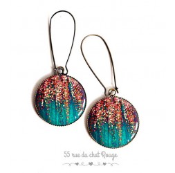 Earrings, turquoise and pink gold, sequin, epoxy resin, bronze, woman's jewelry