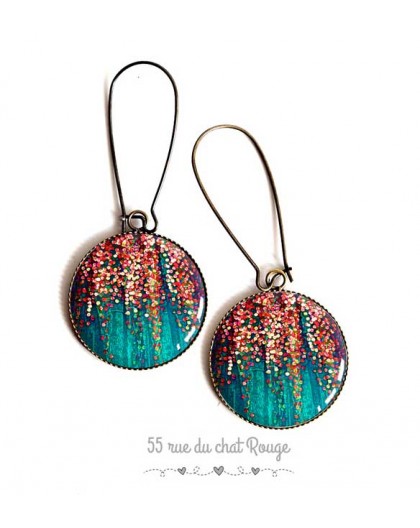Earrings, turquoise and pink gold, sequin, epoxy resin, bronze, woman's jewelry
