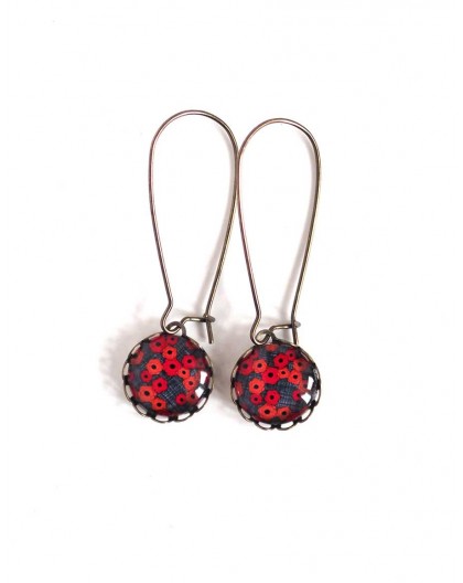 Earrings, cabochons small, red poppies, bronze, woman's jewelry