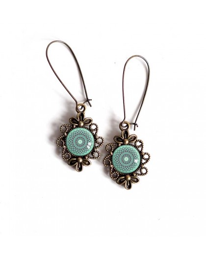 Boucles d'oreilles, esprit Maroc, rosace bleu tendre, style rétro, bronze, bijoux pour femme