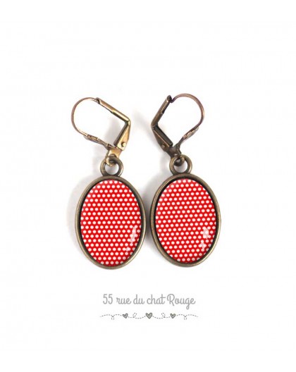 Boucles d'oreilles ovales, petits pois rouge et blanc, polka dots, bronze, bijoux pour femme