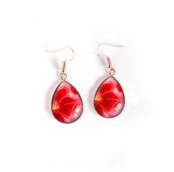 Earrings, drop, red and pink flower, pink gold, woman jewelry
