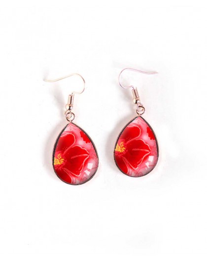Earrings, drop, red and pink flower, pink gold, woman jewelry