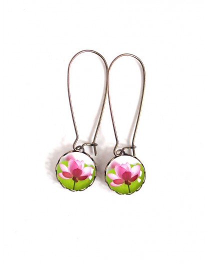 Earrings, small studs, Water Lily, Zen Flower, pink and green, bronze, woman's jewelry