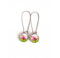 Earrings, small studs, Water Lily, Zen Flower, pink and green, bronze, woman's jewelry