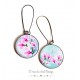 Boucles d'oreilles, orchidée rose, bleu pastel, romantique, bronze, bijoux pour femme