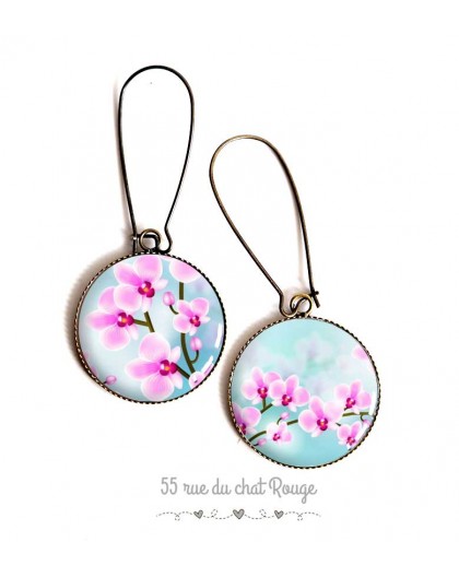 Boucles d'oreilles, orchidée rose, bleu pastel, romantique, bronze, bijoux pour femme