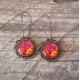 Earrings, round, red flowers and blue poppies, bronze, woman's jewelry