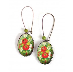 Ohrringe, oval, rote Blumen und grün, 18x25 mm, Bronze, Frau Schmuck