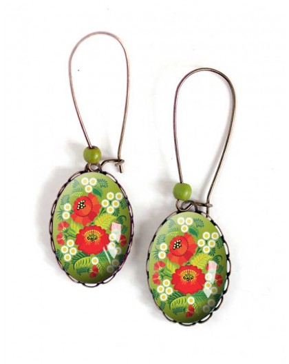 Earrings, oval, red flowers and green, 18x25 mm, bronze, woman's jewelry