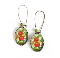 Orecchini, ovale, fiori rossi e verdi, 18x25 mm, bronzo, gioielli della donna