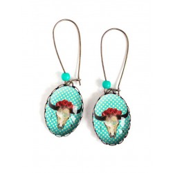 Earrings, oval, Boho, beef skull, red, blue, pink, polka dots, 18x25 mm, bronze, woman's jewelry