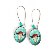 Earrings, oval, Boho, beef skull, red, blue, pink, polka dots, 18x25 mm, bronze, woman's jewelry