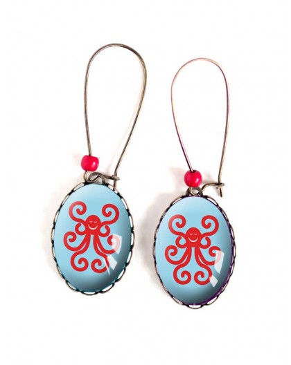 Earrings, oval, octopus red, and blue, 18x25 mm, bronze, woman's jewelry