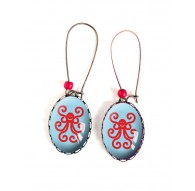 Ohrringe, oval, Krake rot und blau, 18x25 mm, Bronze, Frau Schmuck