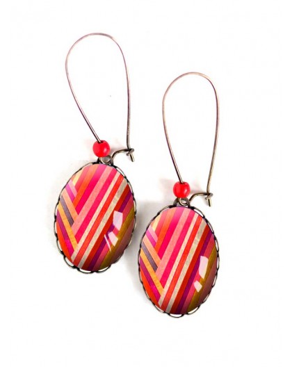 Boucles d'oreilles, ovales, motif géométrique, ligne rouge orange rose ,18x25 mm, bronze, bijoux pour femme