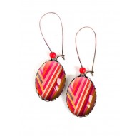 Earrings, oval, geometric pattern, line red orange pink, 18x25 mm, bronze, woman's jewelry