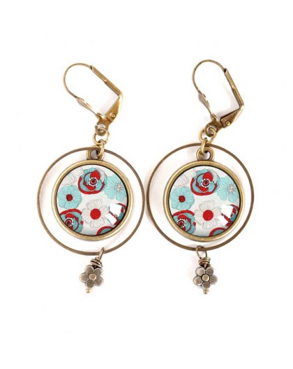 red glass and turquoise flowers Round earrings