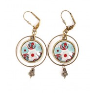 Boucles d'oreilles, Floral Japon, rouge et bleu, bronze, bijoux pour femme