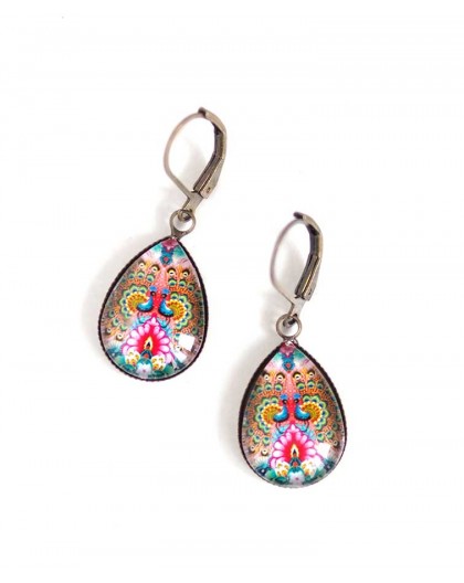 Earrings, small drops, bird, peacock, colorful, bronze, woman's jewelry