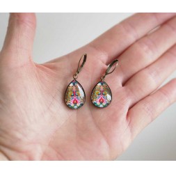 Earrings, small drops, bird, peacock, colorful, bronze, woman's jewelry