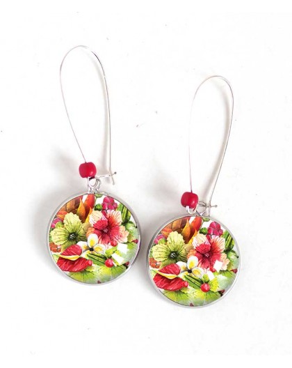 Earrings, exotic flowers, hibiscus, red and green, silver, woman's jewelry