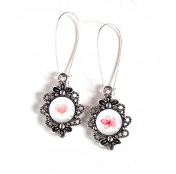 Earrings, retro style, small pink flower, romantic, silver, woman's jewelry