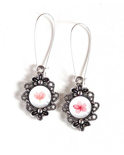 Earrings, retro style, small pink flower, romantic, silver, woman's jewelry