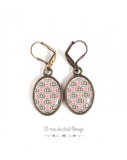 Boucles d'oreilles, ovale, motif marocain, rose et vert tendre, bronze, bijoux pour femme