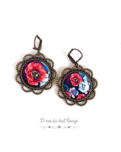 Earrings, round, red flowers and blue poppies, bronze, woman's jewelry