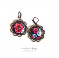 Boucles d'oreilles, rondes, Fleurs coquelicots rouge et bleu,  bronze, bijoux pour femme