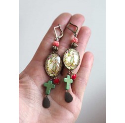 Boucles d'oreilles, cabochon 18x25 mm, inspiration religieuse, Vierge Marie, Croix, bronze, bijoux pour femme