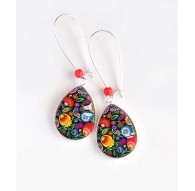 Boucles d'oreilles, goutte, fleur mutlicouleur, folkore russe, argentées, bijoux pour femme
