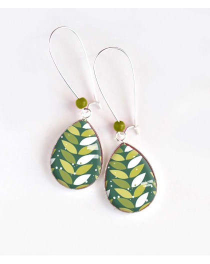 Earrings, drop, geometric foliage, green and white, silver, woman's jewelry
