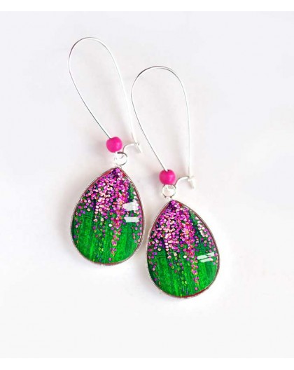 Earrings, drop, glitter fuchsia, green grass, silver, woman's jewelry