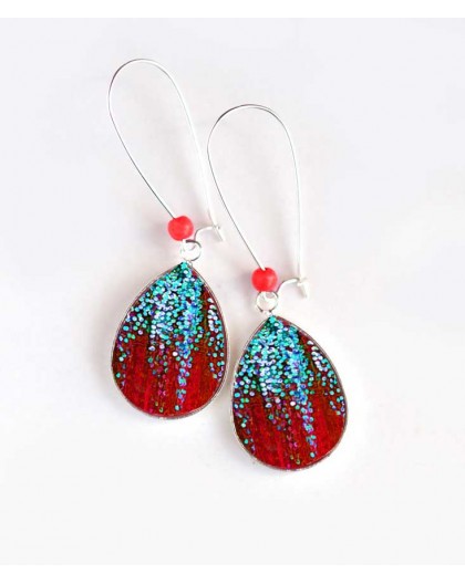 Earrings, drop, glitter sky blue, and red, silver, woman's jewelry