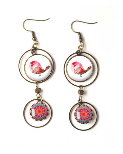 mandala mantra pink and red Zen Cabochon earrings 20mm ethnic jewel