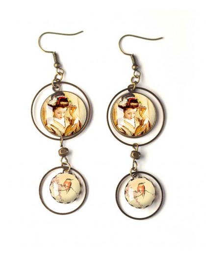 Boucles Doreilles Double Cabochon Geisha Japon Petit Oiseau Beige Marron Bronze Bijoux Pour Femme