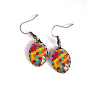 Boucles d'oreilles, ovale, patchwork coloré, bonbons acidulés, bronze, bijoux pour femme