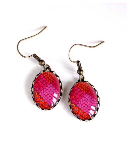 Earrings, oval, floral, red fuchsia and orange, bronze, woman's jewelry