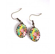 Earrings, oval, retro, floral, japan, yellow, pink flower, bronze, woman's jewelry
