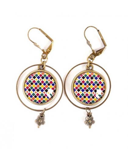 Earrings, Moroccan mosaic, blue red yellow, bronze, woman's jewelry